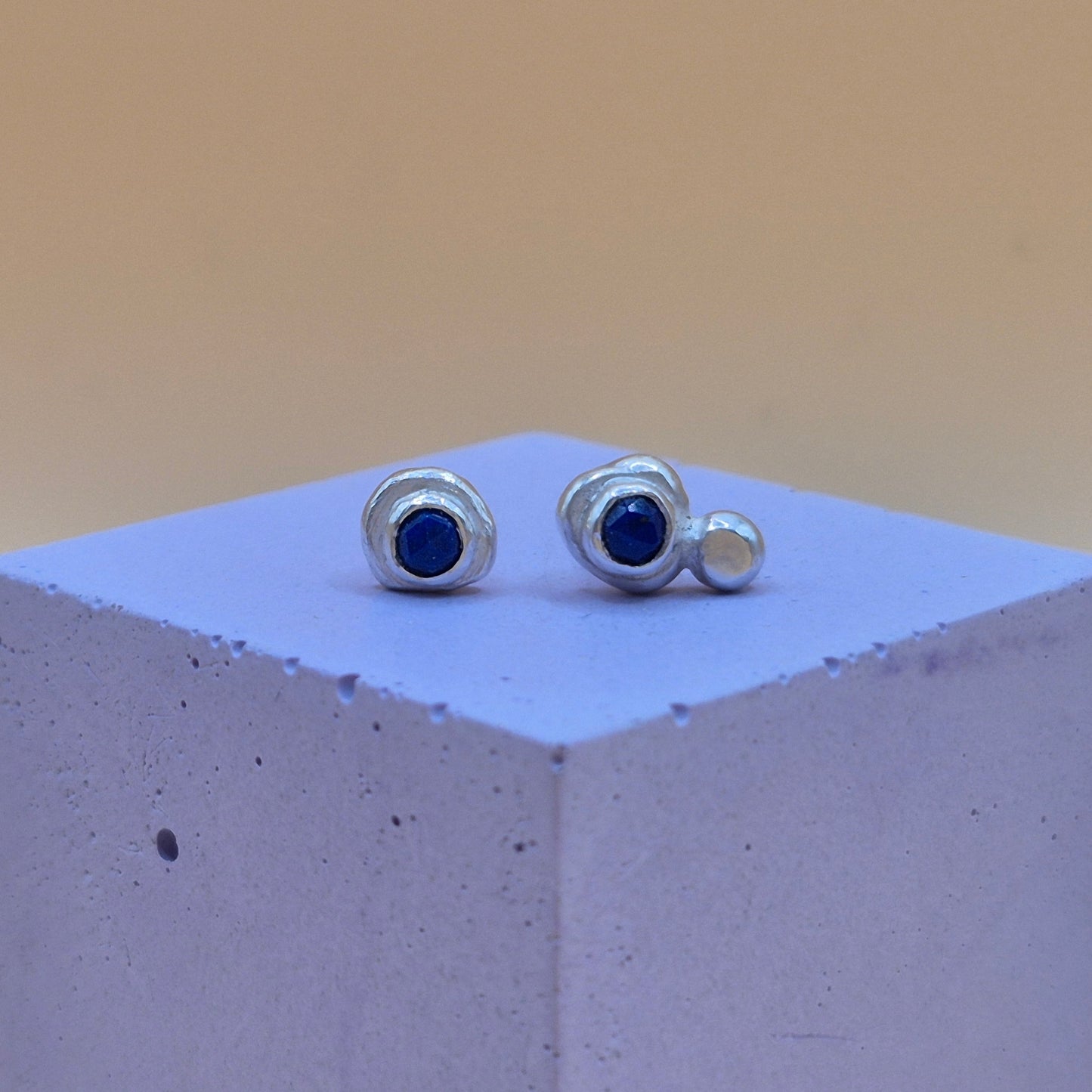 Silver Studs with Bezel-Set Lapis Lazuli Stones