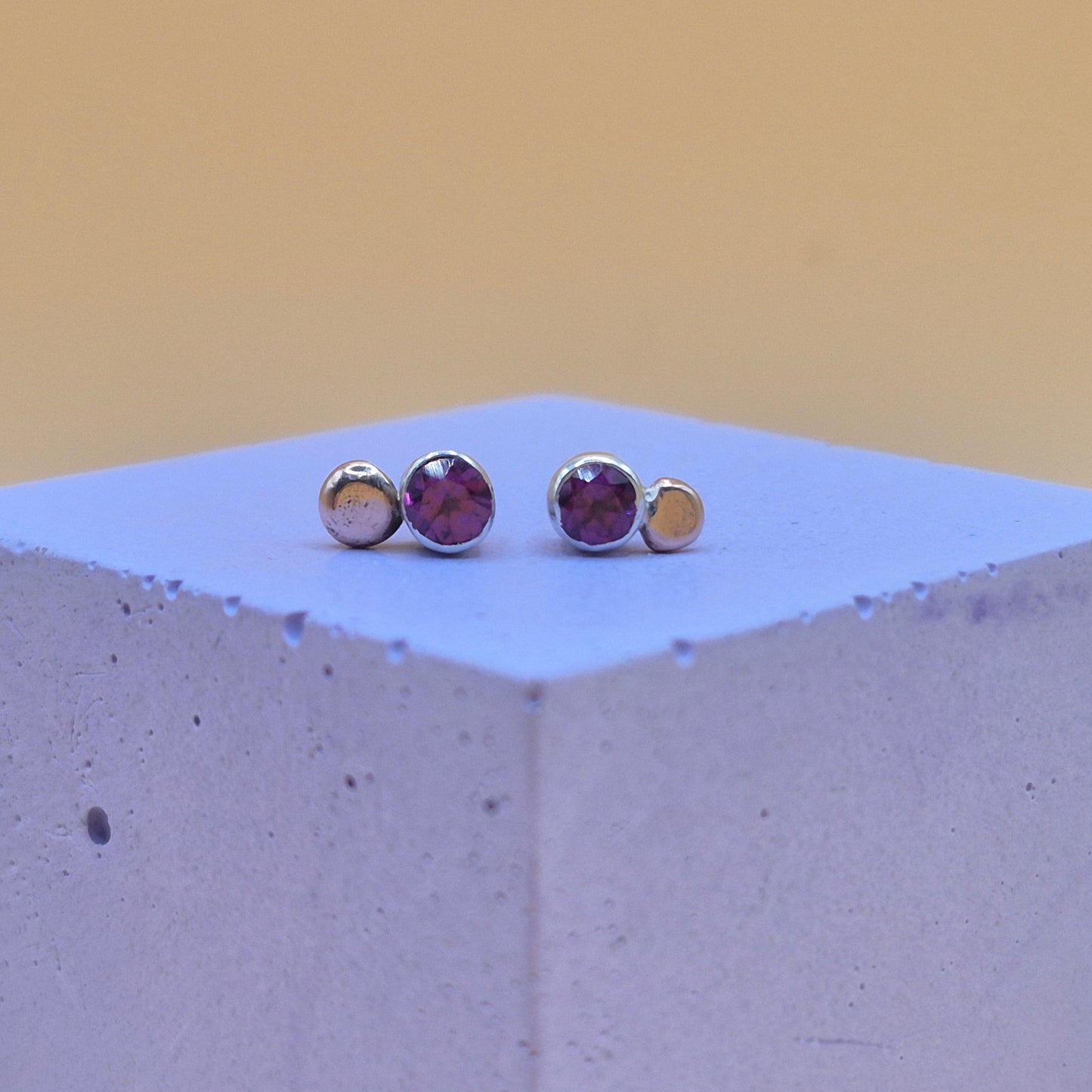 Silver Studs with Rhodolite Garnets & 9K Rose Gold Accents