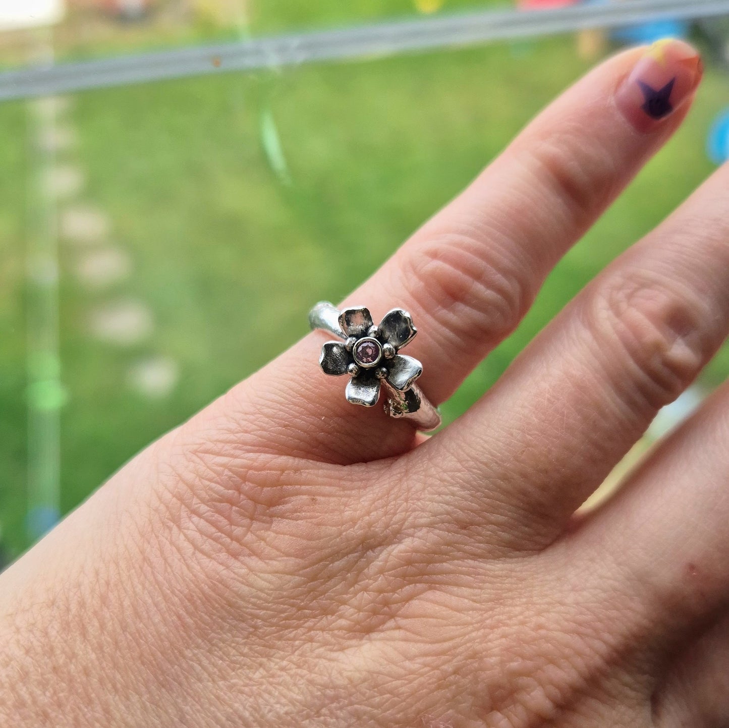 Cherry Blossom Silver Ring with Sapphire