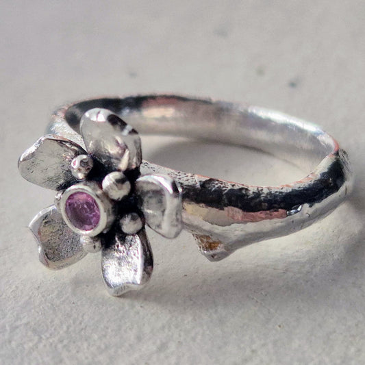Cherry Blossom Silver Ring with Sapphire